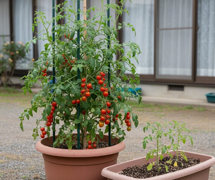 大型プランターで元気に育つミニトマトの苗と、その横に置かれた小さな草花用プランターの対比