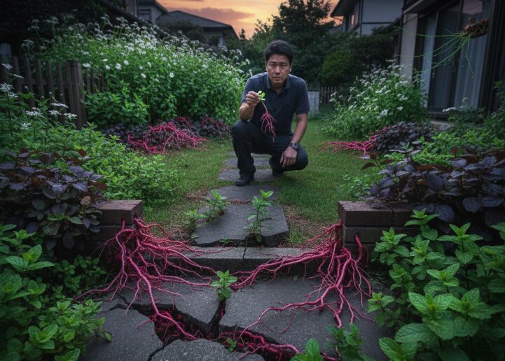 ミントやドクダミの地下茎がコンクリートを突き破り庭中に広がる様子に途方に暮れる日本人男性。手には引き抜いたドクダミの根を持ち、その驚異的な繁殖力を示している。