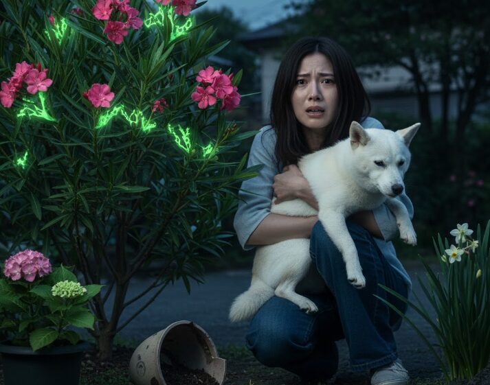 庭で有毒植物のキョウチクトウやアジサイ、スイセンのそばにいる愛犬を抱きかかえ、不安そうな表情を浮かべる日本人女性。割れた植木鉢からこぼれた毒々しい植物が光を放ち、危険性を強調している。