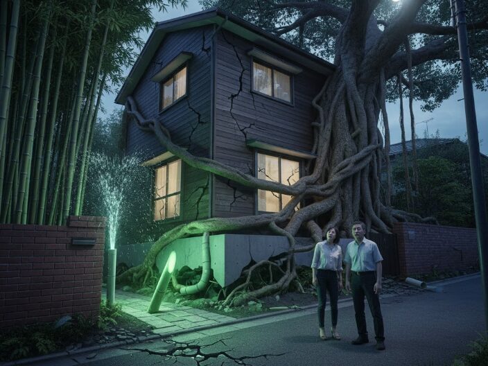 住宅の基礎や壁を破壊するガジュマルの巨大な根と、水道管を圧迫して水漏れを起こす竹の地下茎に呆然とする日本人夫婦。道路にもひびが入り、家屋全体が植物によって侵食されている様子を描写。