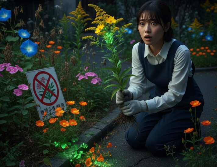 特定外来生物のオオキンケイギクを根から引き抜き、驚きの表情を浮かべる日本人女性。周囲にはナガミヒナゲシが繁茂し、外来生物の危険性と駆除の必要性を示す立て看板が設置されている。