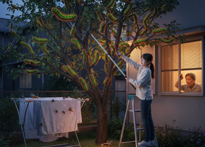 毛虫だらけのサクランボの木を剪定する日本人女性。落ちた実にはスズメバチやハエが集まり、隣家の窓から苦情を訴える高齢女性の姿が見える。洗濯物にも毛虫が付着しており、近隣トラブルと害虫被害を同時に表現。