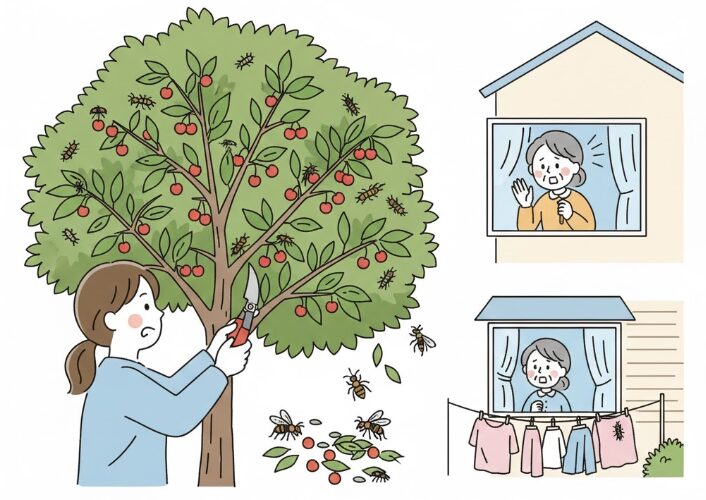 フェイジョア、ソヨゴ、セイヨウニンジンボク、ジンチョウゲといった手入れが楽で虫がつきにくいおすすめの庭木に囲まれた、手入れの行き届いた美しい庭でリラックスする日本人女性。モダンな住宅と調和し、穏やかなガーデニングライフを象徴している。