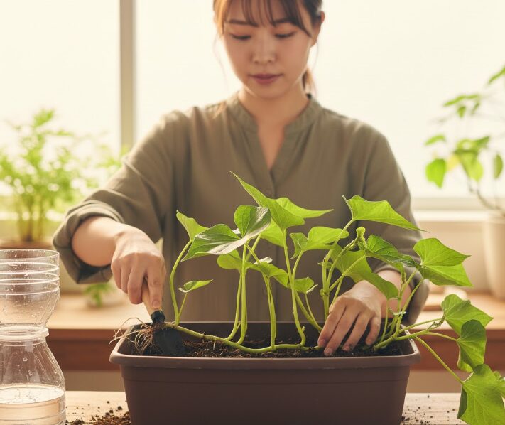 育った苗を土に植える手順