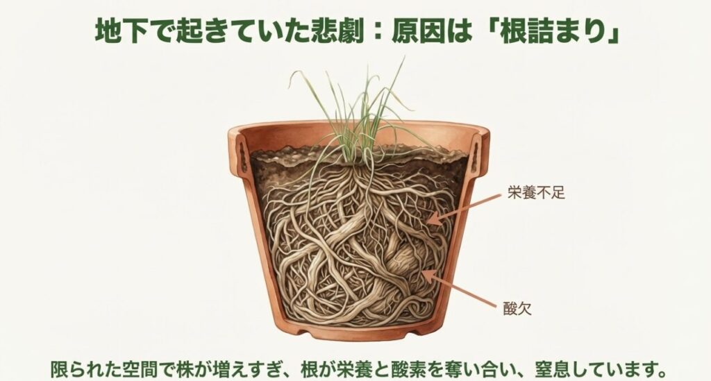 プランターの中で根がぎっしり詰まり、栄養不足と酸欠で窒息状態になっているニラの断面図解。
