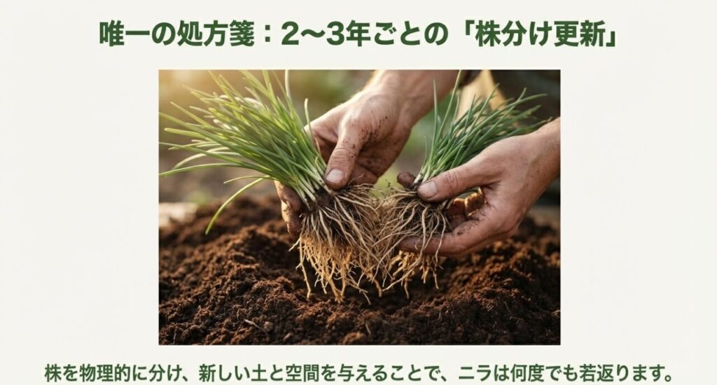 掘り起こしたニラの株を手で分けている様子。物理的に分けることで若返ることを説明。