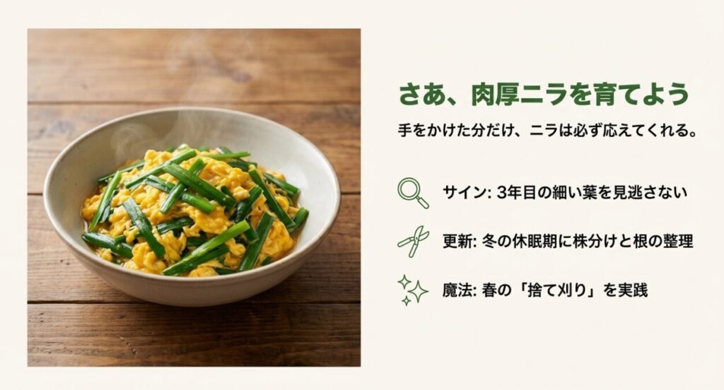 美味しそうなニラ玉料理の写真と、3年目のサイン・休眠期の更新・春の捨て刈りの3大ポイントまとめ。