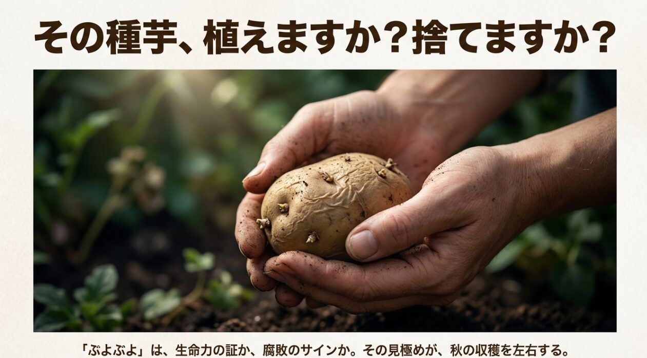 ぶよぶよになった種芋を両手で持ち、植えるか捨てるかを見極める様子。