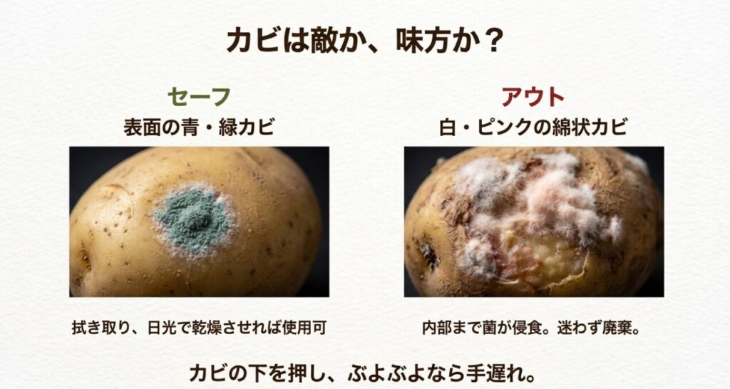 種芋のカビ比較。表面の青・緑カビは乾燥で対応可能だが、白・ピンクの綿状カビは廃棄が必要。