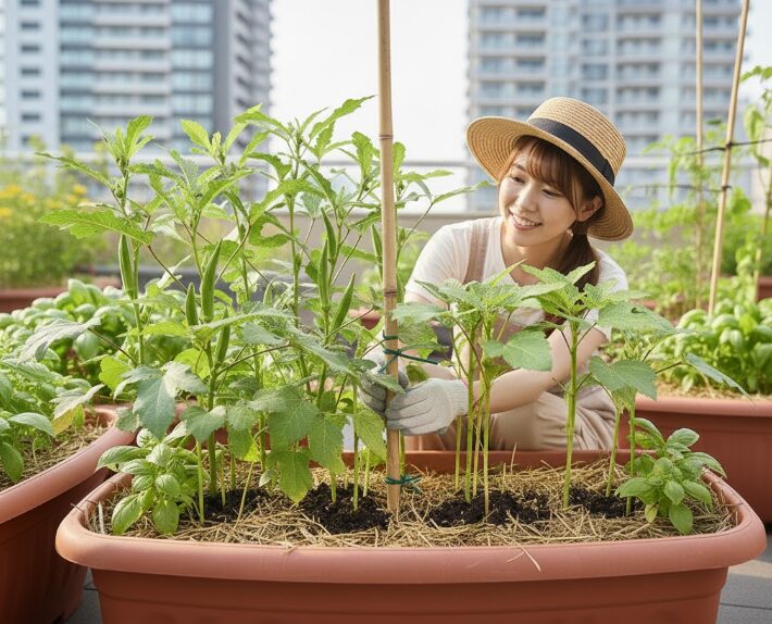 狭い株間でのオクラ栽培と支柱の立て方