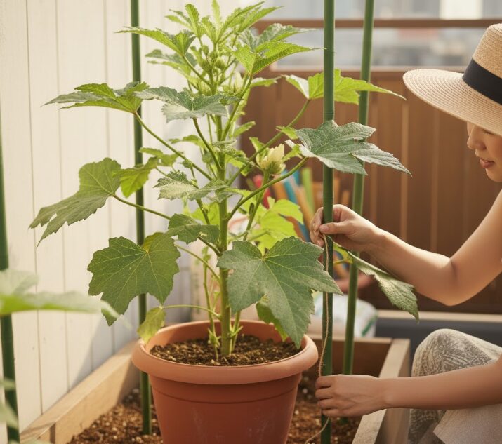 オクラのプランター支柱の立て方と手順