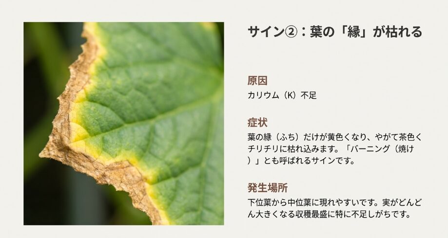 きゅうりの葉の縁(ふち)だけが黄色くなり、茶色くチリチリに枯れ込んでいる写真。カリウム不足による典型的な葉の症状。