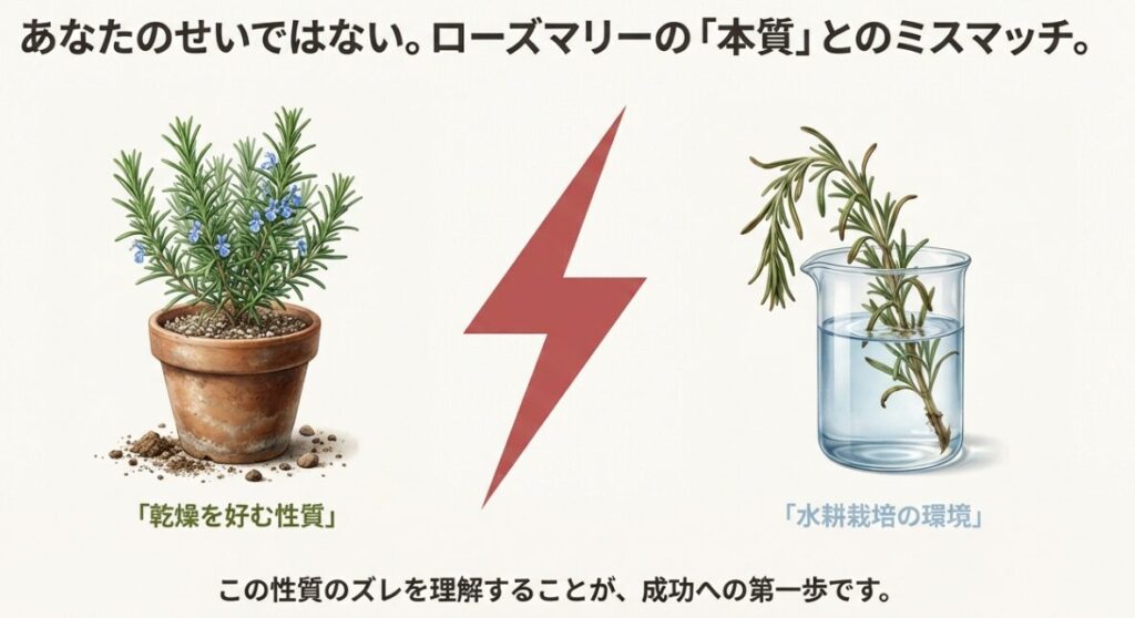しおれたローズマリーのイラスト。「あなたのせいではない。ローズマリーの本質とのミスマッチ」というテキストと、乾燥を好む性質についての解説。