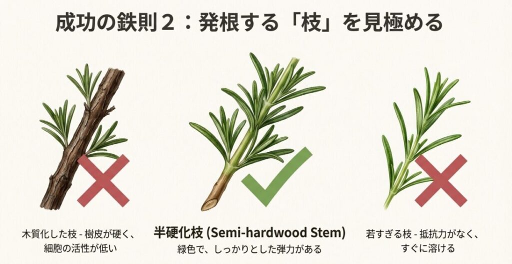 茶色く木質化した枝にバツ印、緑色で弾力のある半硬化枝にチェック印がついた比較イラスト。