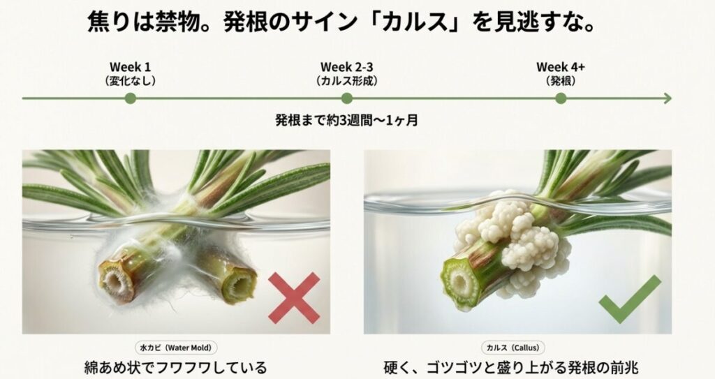 発根までの期間（1週間〜4週間）の経過と、硬いカルスとフワフワした水カビの違いを比較解説した図。