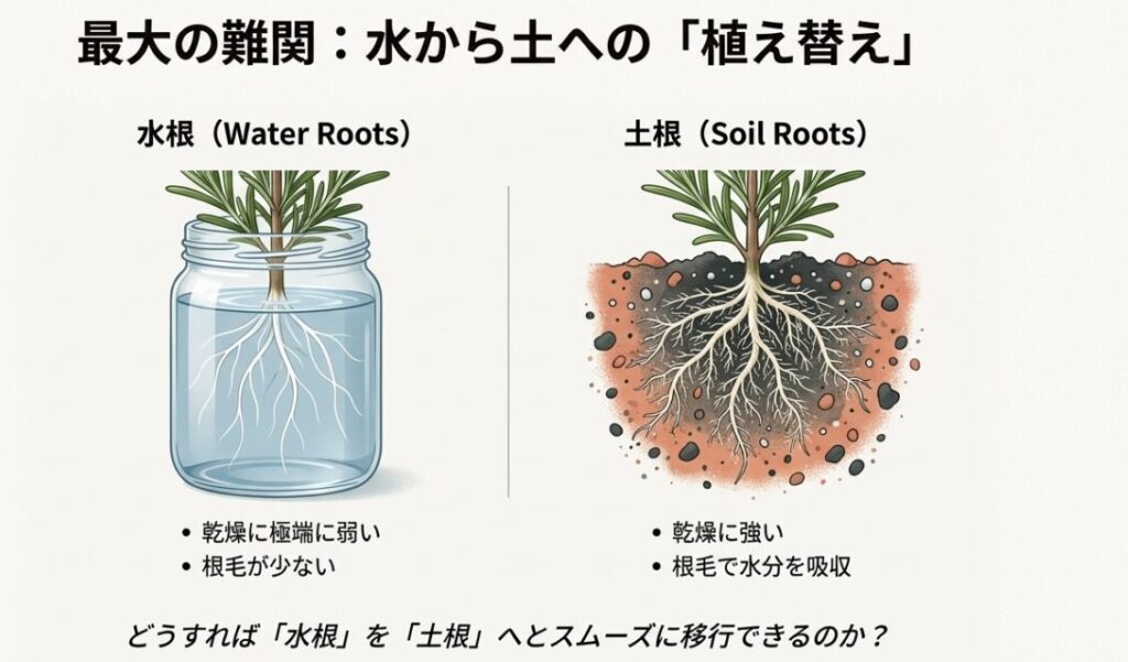 水中の根（水根）と土の中の根（土根）のイラスト。乾燥への耐性と根毛の有無の違いを比較した図。