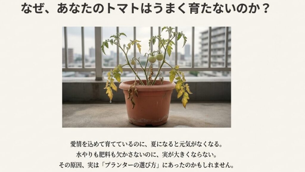 ベランダで葉が枯れてしまったトマトのプランター栽培の様子。「なぜ、あなたのトマトはうまく育たないのか？」という問いかけと共に、失敗の原因がプランター選びにある可能性を示唆している。
