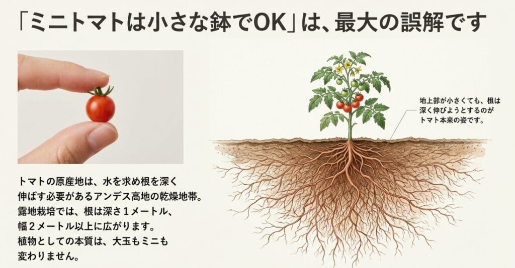 「ミニトマトは小さな鉢でOKは最大の誤解」というコピーと共に、地上部が小さくても地中深くへ根を伸ばそうとするトマト本来の根の姿を描いたイラスト。