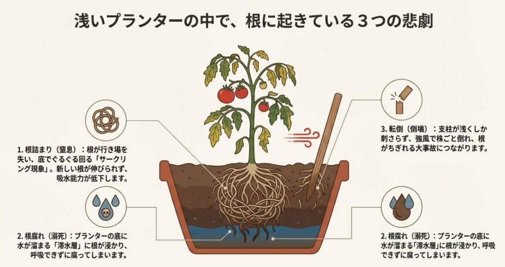 深さ30cmと20cmのプランターの断面比較図。ウォータースペースと鉢底石を除いた「有効土層」は、深さが10cm違うだけで22cm対12cmと約2倍の差が生じることを解説している。