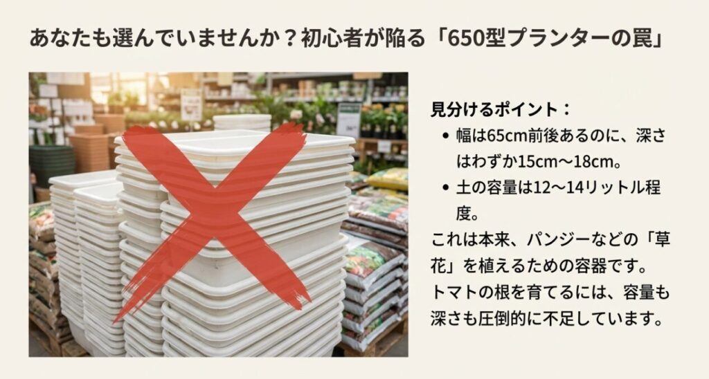 ホームセンターでよく見かける白い650型標準プランターに大きくバツ印がついた画像。幅があっても深さが浅く容量が不足しているため、トマト栽培には不向きであることを警告している。