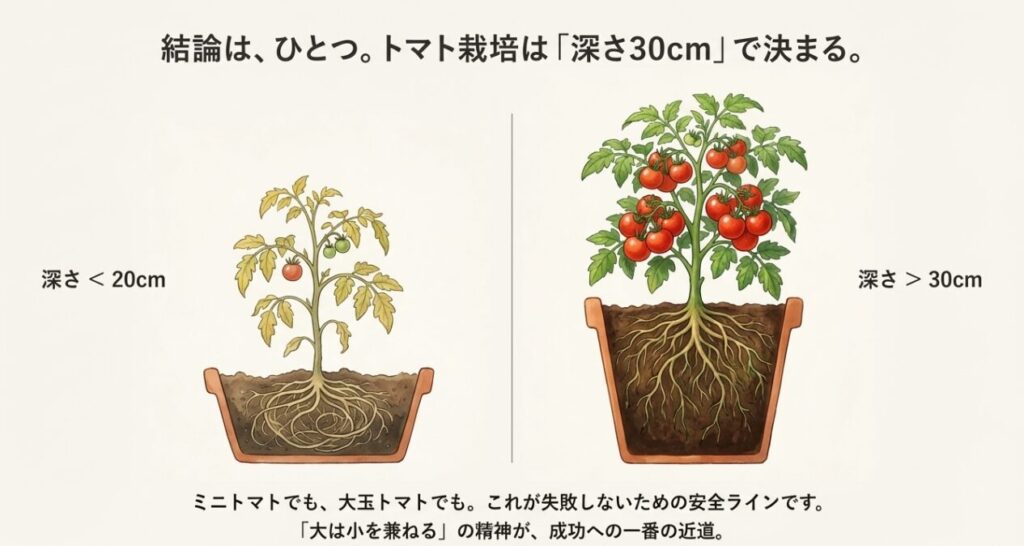 深さ20cm未満の鉢と30cm以上の鉢での生育比較イラスト。20cm未満では根が窮屈そうにしているのに対し、30cm以上では根がのびのびと広がり、実つきが良い様子を描いている。