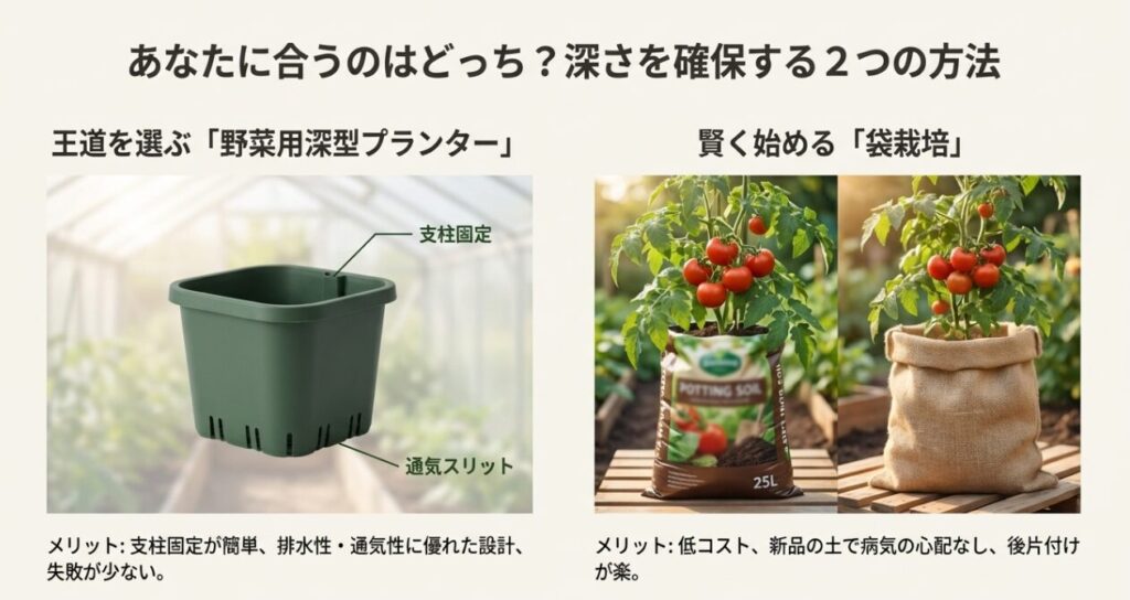 王道の「野菜用深型プランター」と、手軽な「袋栽培」のそれぞれのメリットを比較したスライド。深型プランターは支柱固定やスリット機能、袋栽培は低コストで病気の心配がない点を挙げている。