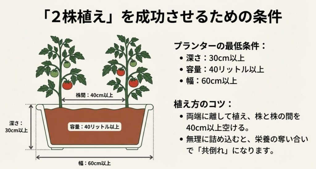 トマトを2株植える場合の条件を示した図解。プランターの幅60cm以上、深さ30cm以上、容量40リットル以上が必要であり、株間を40cm以上空けて両端に植えることを推奨している。