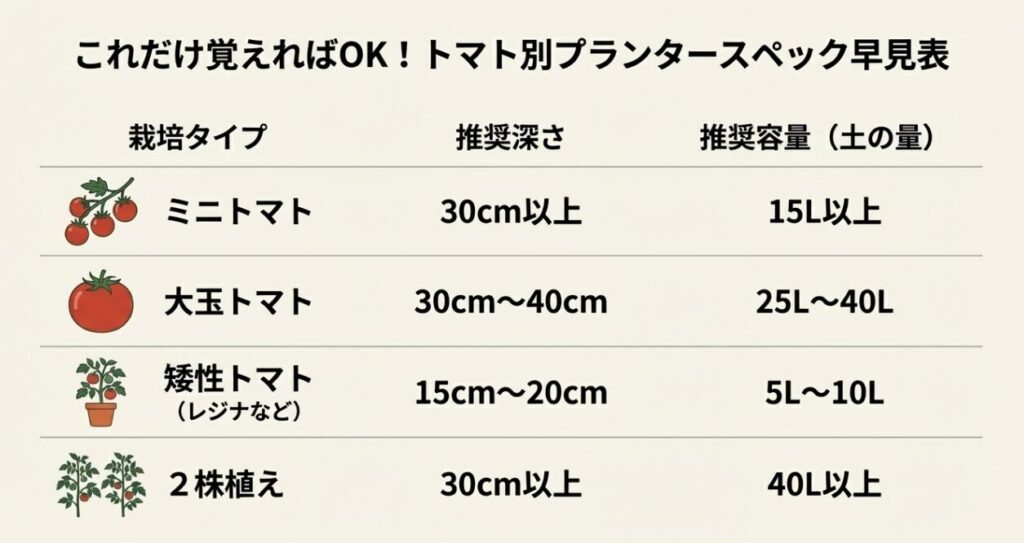 ミニトマト、大玉トマト、矮性トマト、2株植えのそれぞれの栽培タイプにおいて、推奨される深さと土の容量（リットル）をまとめた一覧表。