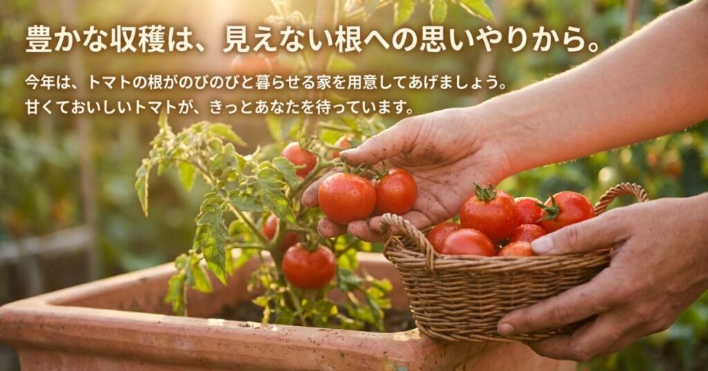 「豊かな収穫は、見えない根への思いやりから」というメッセージが書かれたスライド。トマトの根が快適に過ごせる環境づくりの大切さを伝えている。