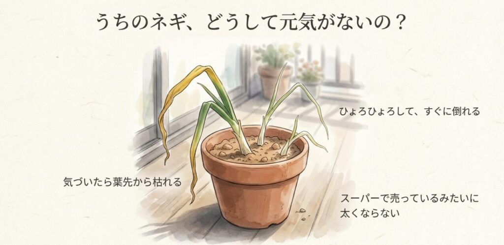 「うちのネギ、どうして元気がないの？」というタイトル文字と、元気のないネギのイラスト