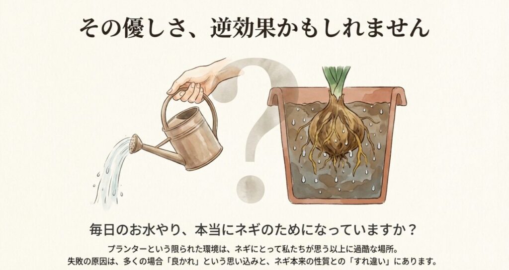 ジョウロで水をあげている手と、土の中で根腐れを起こしているネギの根の断面図。「その優しさ、逆効果かもしれません」