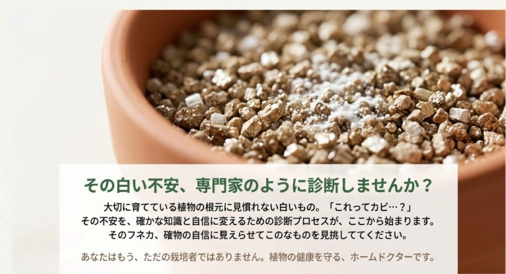 植物の根元にある白い物体を虫眼鏡で観察しているイメージと「その白い不安、専門家のように診断しませんか？」というコピー