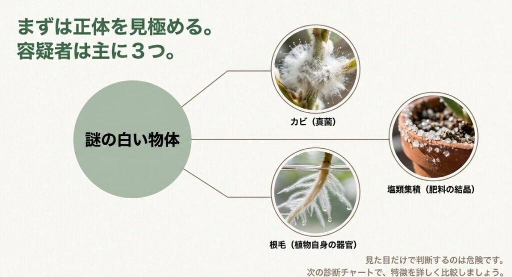 白い綿状のカビ、結晶化した肥料、根に生えた微細な根毛の3つの拡大比較写真