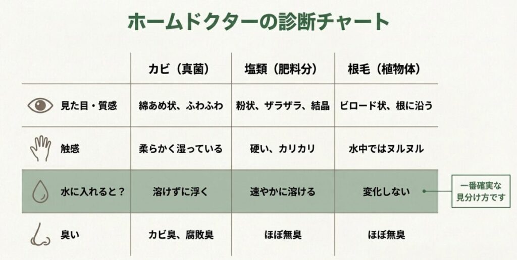 見た目、触感、水への溶解性、臭いの4項目で判断する白い物体の診断マトリックス表