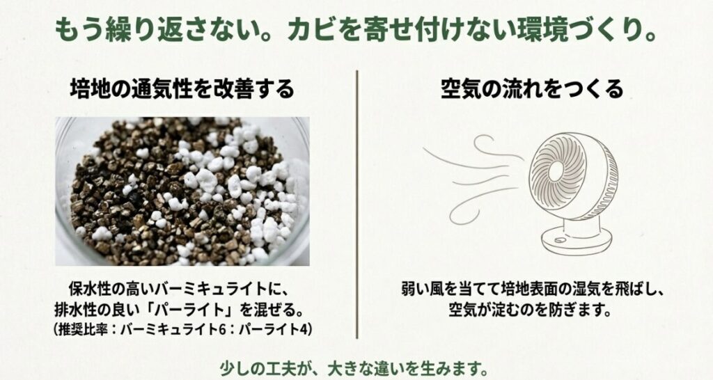 バーミキュライトにパーライトを混ぜた用土のイラストと、サーキュレーターで風を当てているイラスト
