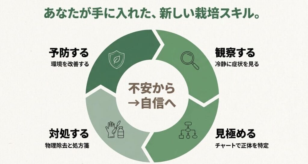 予防（環境改善）、対処（物理除去と処方箋）、観察（正体の特定）の3ステップで植物を守るスキルの概念図