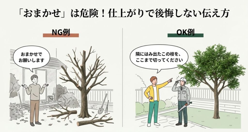 剪定を「おまかせ」にした場合の失敗例と、具体的に切る位置を指示した場合の成功例の比較イラスト。
