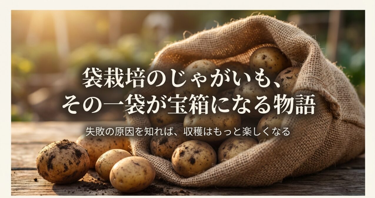 袋栽培のじゃがいもを宝箱にするための、失敗の原因と収穫最大化の極意を解説するスライドの表紙