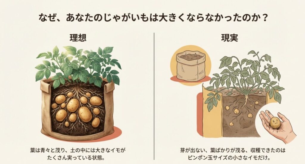 葉が茂り大きなイモが実る理想の状態と、芽が出ず小さなイモしか採れない現実の比較イラスト