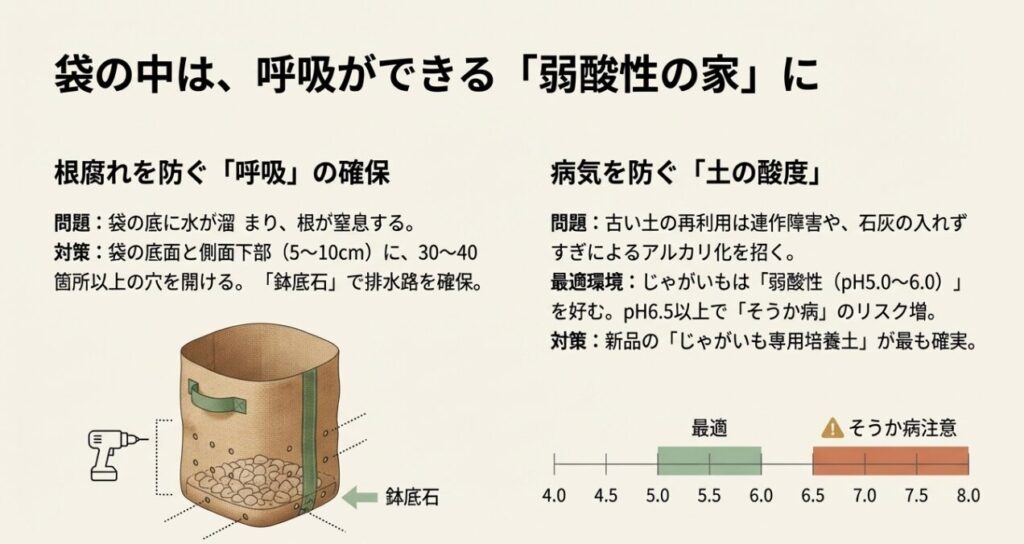 袋の底や側面に30〜40箇所の穴を開ける排水対策と、そうか病を防ぐための弱酸性(pH5.0〜6.0)土壌の解説