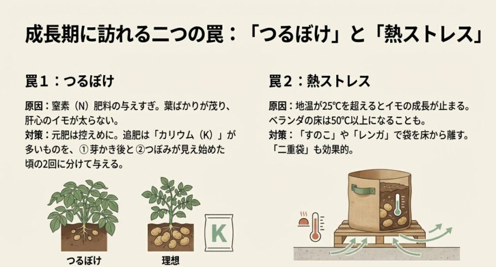 窒素過多によるつるぼけの図解と、ベランダの熱から守るために「すのこ」で袋を床から離す対策の解説