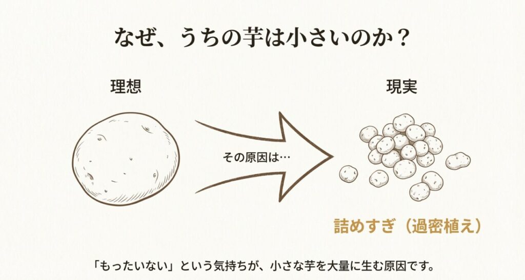 「なぜうちの芋は小さいのか？」という問いに対し、原因は「詰めすぎ（過密植え）」にあることを示すイラスト。