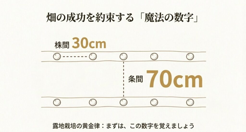 じゃがいも畑の植え付け配置図。株と株の間は30cm、列と列の間（条間）は70cm確保する「魔法の数字」を図解。