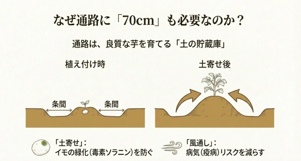 植え付け時から土寄せ後までの土の移動を示す断面図。70cmの条間から土を寄せることで、芋の緑化や病気を防ぐ様子。