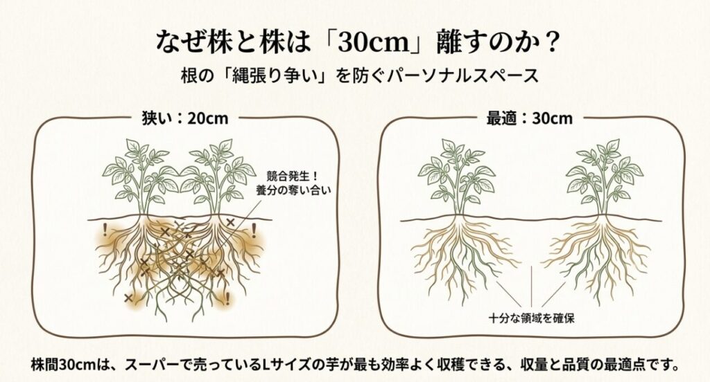 株間20cmで根が絡み合い競合している様子と、株間30cmで根が十分に広がり養分を吸収できている様子の比較イラスト。