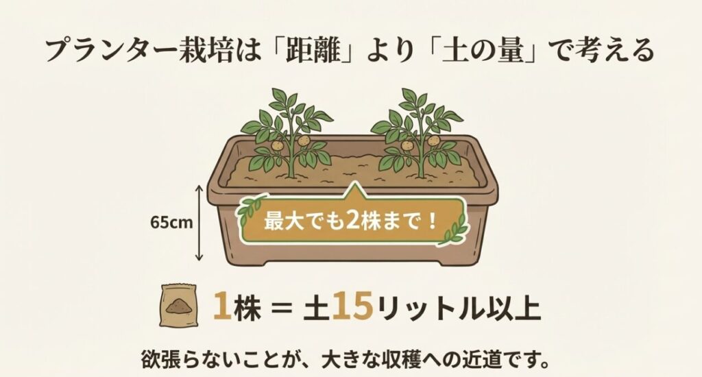 65cm標準プランターにおけるじゃがいもの配置図。1株あたり15リットル以上の土を確保するため、2株が上限であることを示す。