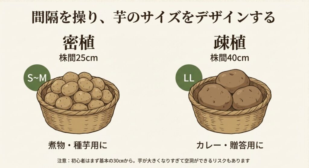 密植（25cm）でS〜Mサイズの芋がカゴに入っている様子と、疎植（40cm）でLLサイズの大玉が入っている様子の比較イラスト。