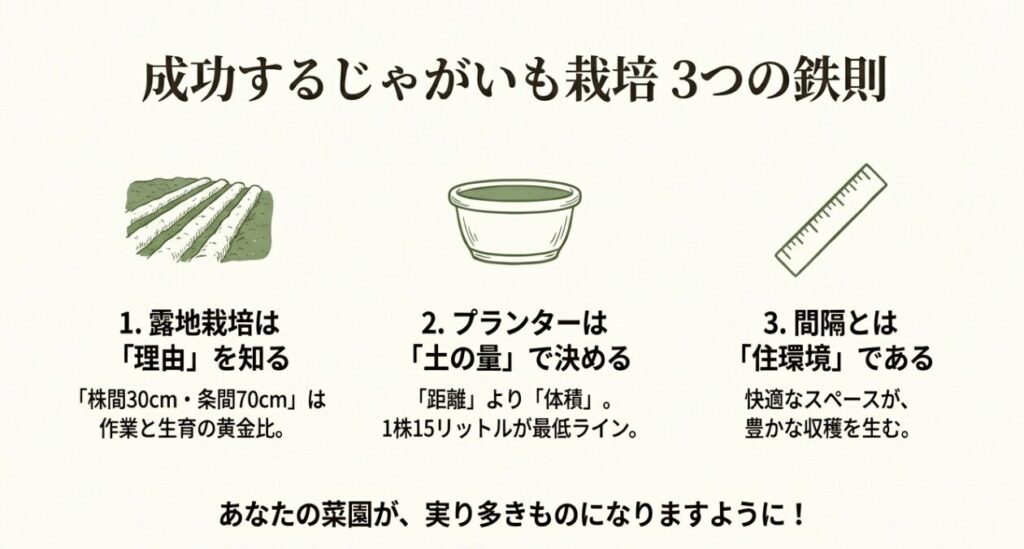 露地は理由を知る、プランターは土の量で決める、間隔とは住環境であるという、栽培成功のための3つの重要ポイントのまとめ。
