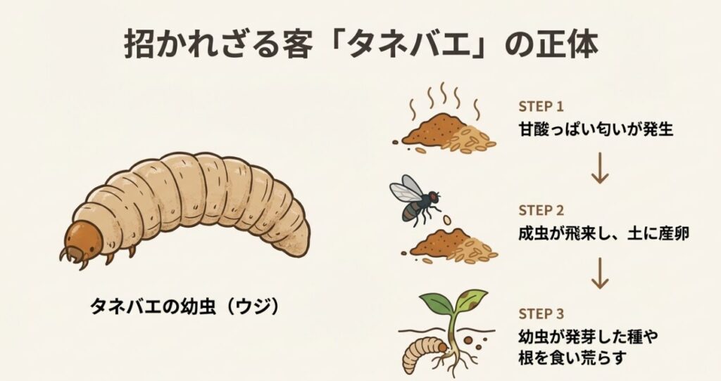 甘酸っぱい匂いに誘引されたタネバエが産卵し、ウジが根を食害するまでのステップ解説