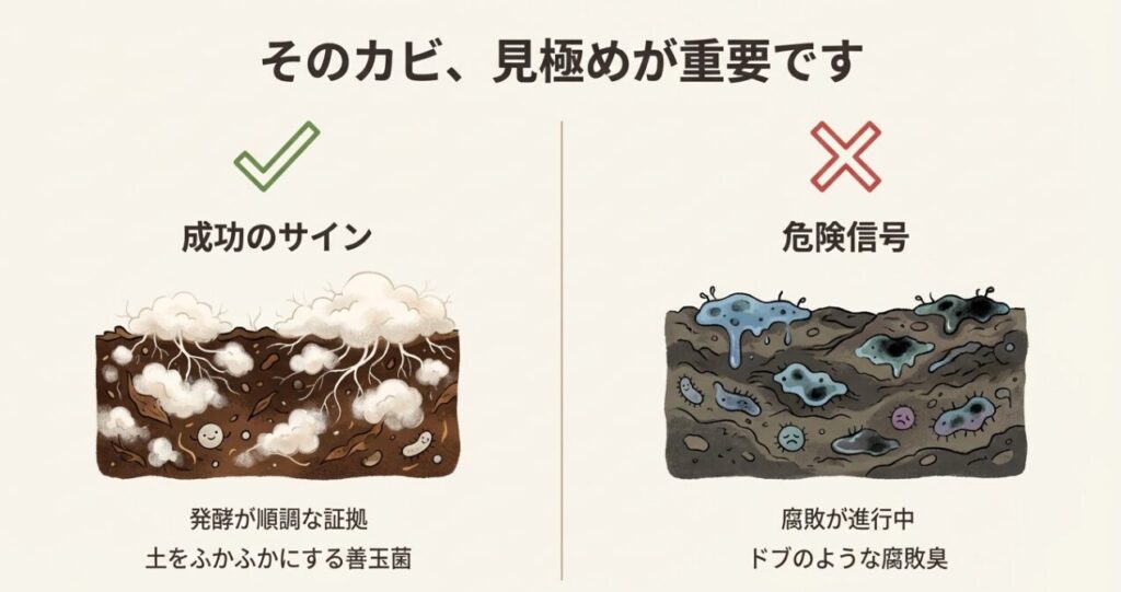 土の表面の白いカビは成功のサイン、ドブ臭やカラフルなカビは腐敗の危険信号